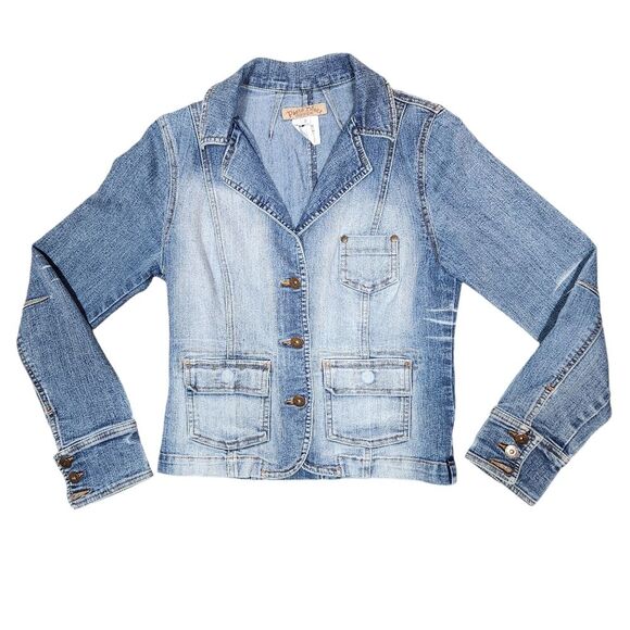 Vintage Y2k Paris Blues Jean Jacket 90s Denim Blazer Blue Faded Fitted Burnout S - Picture 11 of 11